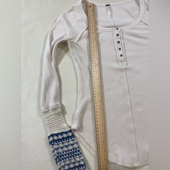 Free People Boho Thermal White Long Sleeve Top with Blue crochet Knit Cuffs - Picture 9 of 9